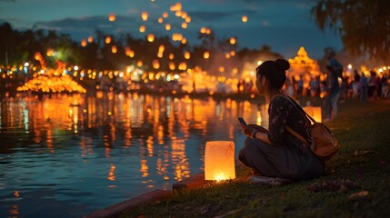Fototapeta premium A woman enjoys the sky lantern festival, sitting by the water as lanterns illuminate the night sky, creating a magical ambiance.