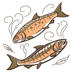 Two salmon fish with steam and leaves food cooking