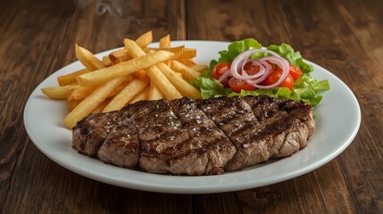 Grilled Steak Dish: A culinary masterpiece with a grilled steak, golden fries, and a fresh salad, presenting a delicious and balanced meal on a white plate with rustic wooden table.