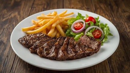 Succulent Steak Slices with Fries: Savor the enticing view of grilled steak slices accompanied by crispy french fries and a side of fresh salad, presented on a simple white plate.