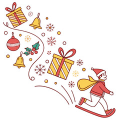 Festive winter scene with Santa sledding christmas gifts