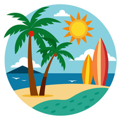 Tropical beach scene with palm trees sun and surfboards vacation