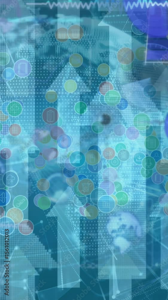 Poster animation of scopes scanning and data processing on screens over globe and arrows