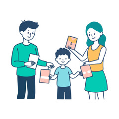 Family receiving handmade cards children giving