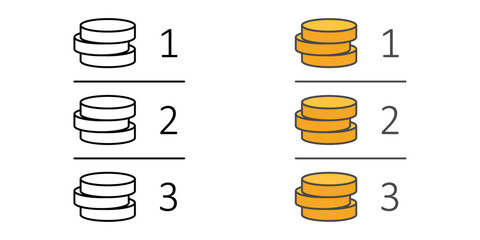 Installment breakdown icon with stacked coins and numbered sections, ideal for finance, payment tracking, and BNPL illustrations.