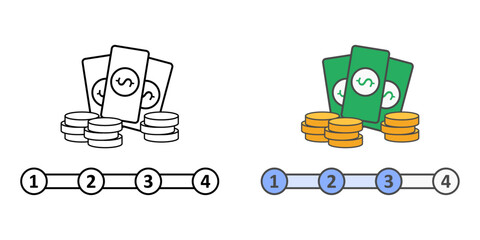 Installment progress tracker icon with money symbol and horizontal progress bar with payment milestones, ideal for BNPL and finance tracking illustrations.