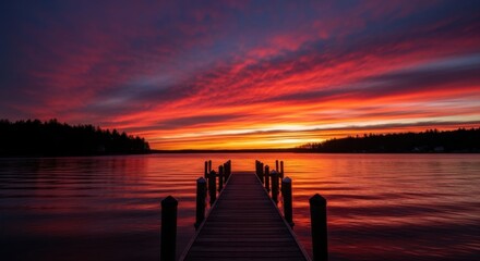 Fototapeta premium Spectacular fiery sunset paints the sky over a calm lake with a wooden pier