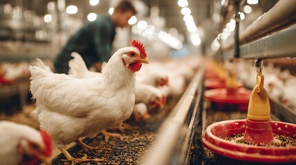 A white chicken stands in a brightly lit indoor poultry farm, with a farmer tending to the flock in the background.