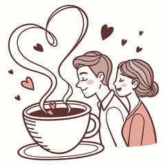 Couple enjoying coffee with heart shaped steam hearts love