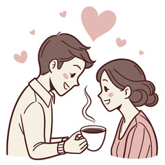 Couple sharing coffee with steam hearts vector