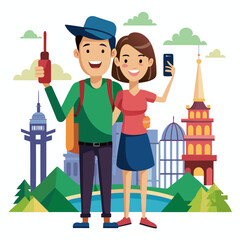 Couple taking travel selfie with iconic landmarks smartphone