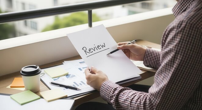 Business Person Reviewing Document on Balcony with Office Supplies and Coffee Cup