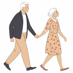 Smiling elderly couple walking hand in hand happy