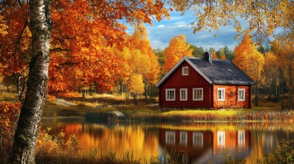 A serene autumn landscape featuring a lakeside cabin in the woods