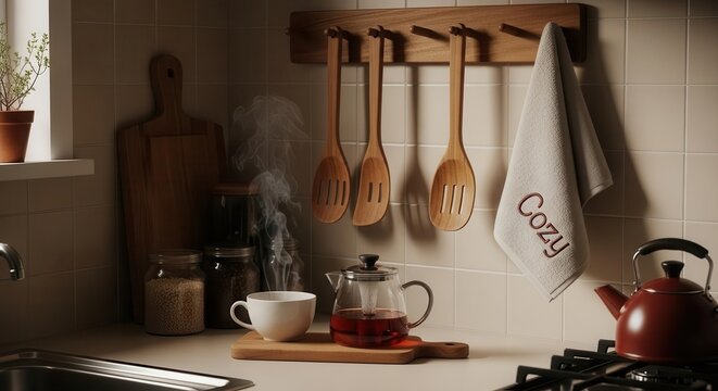 Cozy Kitchen Scene with Steaming Coffee Mug and Wooden Utensils on Tiled Wall