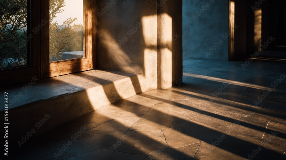 Poster sunlit serenity: a warm, inviting space is bathed in the soft glow of sunlight streaming through a l