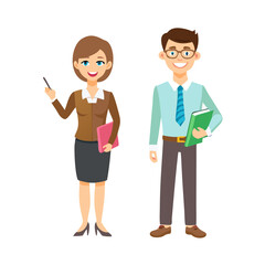 Cartoon teachers with books and pointer female teacher male teacher