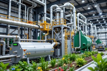 Industrial machinery with pipes and equipment in modern manufacturing facility showcasing advanced technology and design