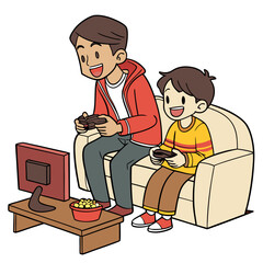 Two boys playing video games together on couch with snacks brothers gaming