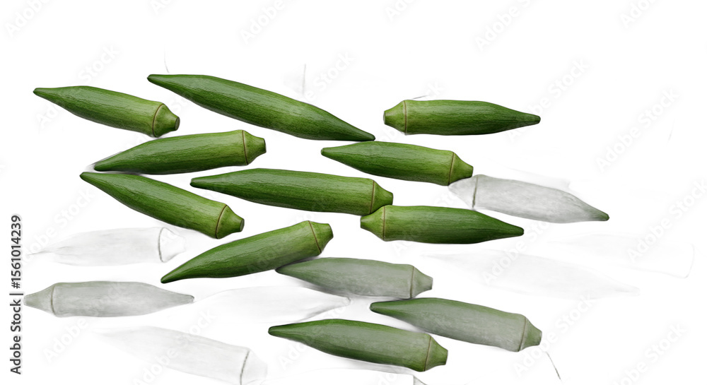 Poster fresh okra pods arranged in a cluster against a dark background