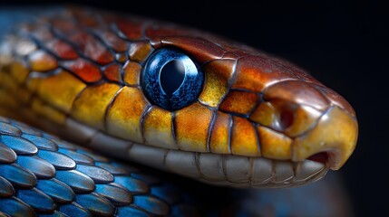 Fototapeta premium A striking close-up reveals the iridescent scales and captivating blue eye of a snake, showcasing nature's intricate beauty and unique patterns.
