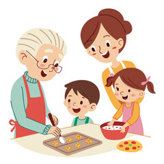 Grandparents and children baking cookies together kitchen