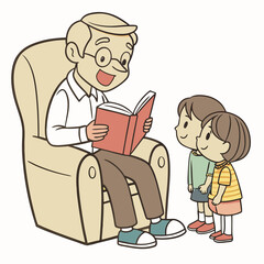 Elderly man reading book to children in armchair grandpa grandchildren