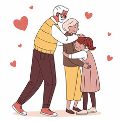 Grandparents hugging granddaughter with hearts family love