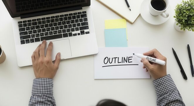 Person Writing Outline on Paper with Laptop and Office Supplies in Bright Workspace
