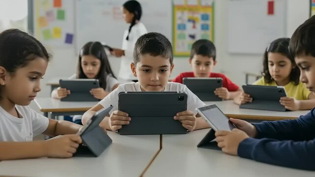 Elementary school children using digital tablets in a classroom.