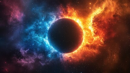 Obraz premium A dark planet surrounded by swirling, fiery, and icy nebulae in deep space