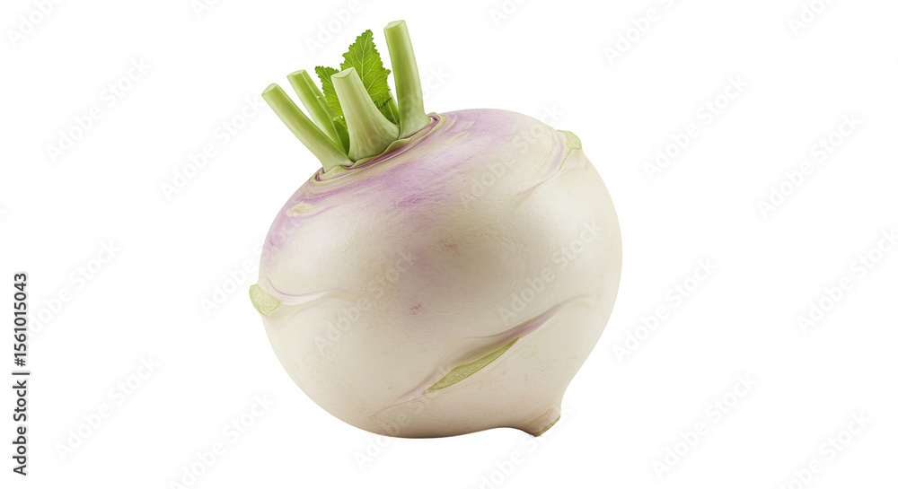 Poster fresh turnip with green leaves in a close up view on clean background