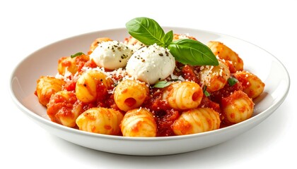 Delicious Gnocchi Pasta Dish with Tomato Sauce with Mozzarella and Basil, and White Plate.