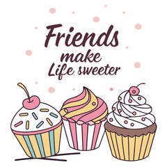 Three sweet cupcakes with cherry and sprinkles dessert food