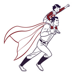 Obraz premium Father and son flying together in superhero costumes cape