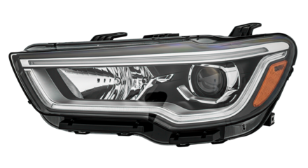 A detailed view of a car headlight showcasing its elegant design and advanced lighting.