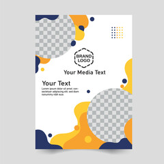 Modern abstract media template with flowing yellow and blue shapes and image placeholders for brand and text.