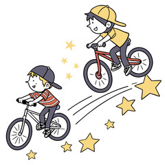 Boys cycling with yellow stars motion trails bicycles