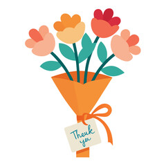 Floral bouquet with thank you note and ribbon vector