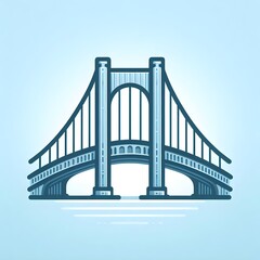 Flat vector icon of modern bridge structure with arch and cables on soft blue background symbolizing transportation and construction