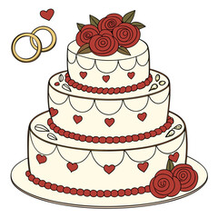 Creamy tiered cake with red roses and golden rings wedding cake anniversary cake