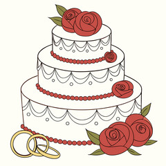 White tiered cake with red roses and gold rings wedding cake anniversary cake