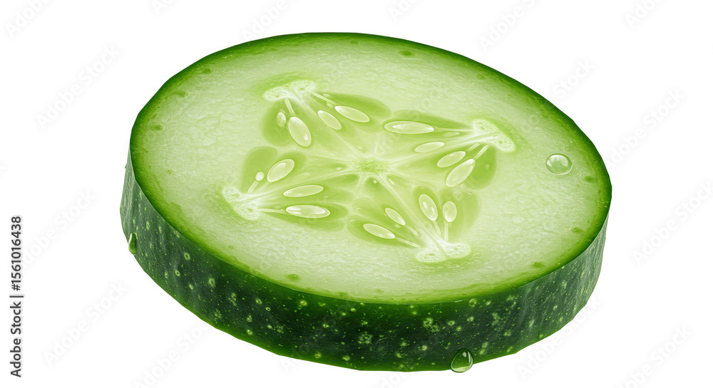 Poster freshly cut slice of green cucumber with seeds and water droplets closeup