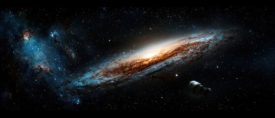 Fototapeta premium Exploring the Mysteries of a Large Galaxy with a Bright Star at its Core and Cosmic Elements Around