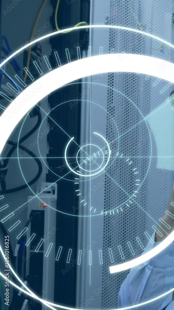 Aufkleber man checking a server and 5g written in the middle of a futuristic circles 4k