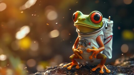 cute frog wearing astronaut suit sitting on log, whimsical space explorer character in fantasy illustration. wallpaper background for web design, ads, copy prints. blank copy space