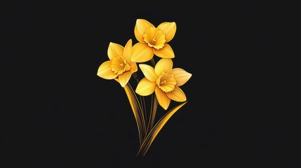 yellow daffodil flowers on black background, elegant botanical illustration with vibrant spring blooms.  wallpaper black background for web design, ads, copy prints. blank copy space for text 