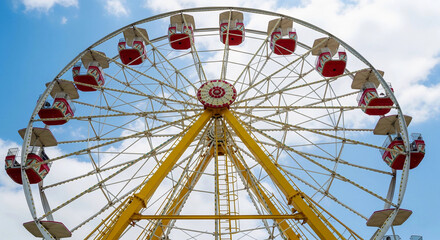A vibrant Ferris wheel under a blue sky with white clouds, showcasing colorful gondolas at a fair or amusement park, perfect for family fun, travel, leisure, and carnival-themed content.