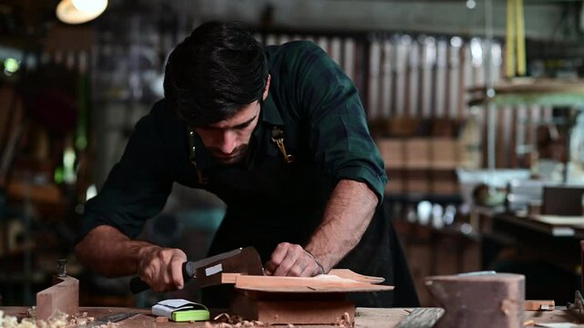 Luthier making wooden musical and using traditional tools in workroom with manual tools