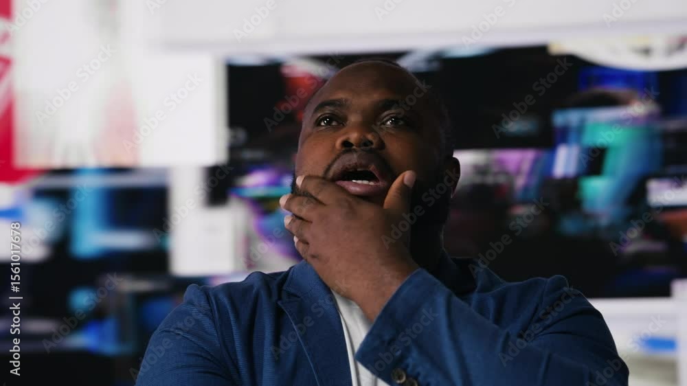 Poster african american user connecting online on social network applications, follows digital content for 